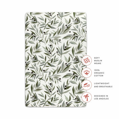 Babyletto Mini Crib Sheet in GOTS Certified Organic Muslin Cotton - Olive Branches - T28236