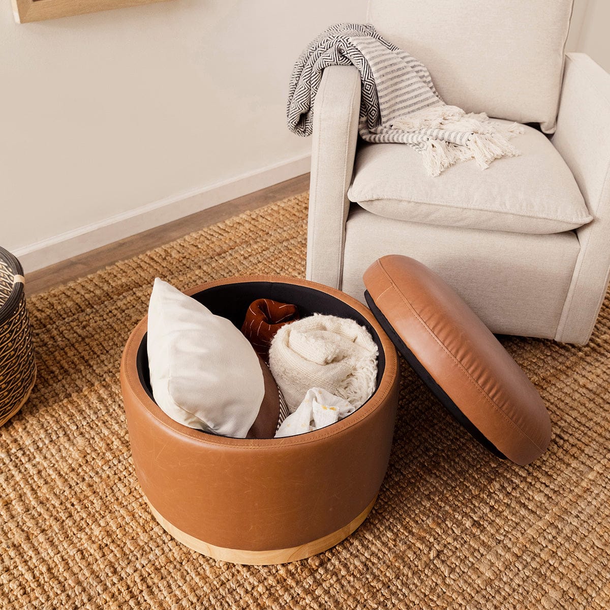 Babyletto Naka Storage Ottoman - Vegan Tan Leather w/ Light Wood Base - M22885TANLB