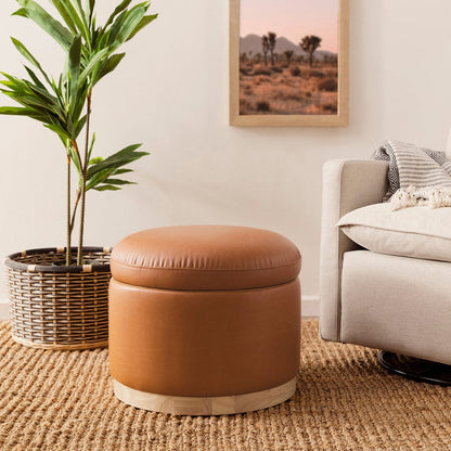 Babyletto Naka Storage Ottoman - Vegan Tan Leather w/ Light Wood Base - M22885TANLB