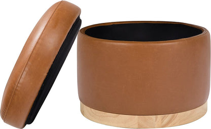 Babyletto Naka Storage Ottoman - Vegan Tan Leather w/ Light Wood Base - M22885TANLB