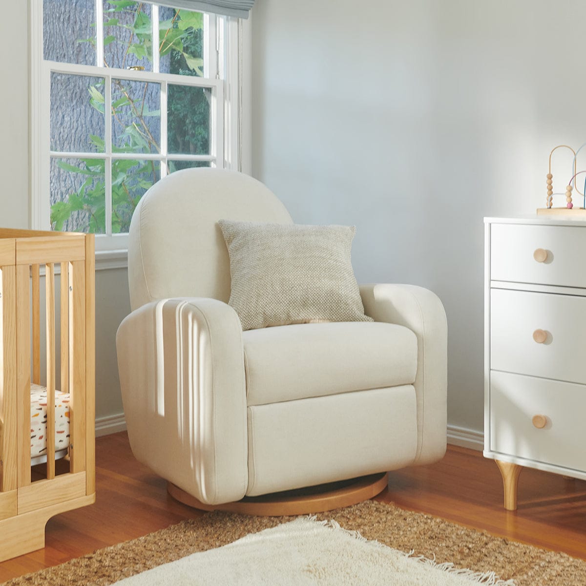 Babyletto Nami Electronic Swivel Glider Recliner w/ USB - Performance Cream Eco-Weave w/ Light Wood Base - M23188PCMEWLB