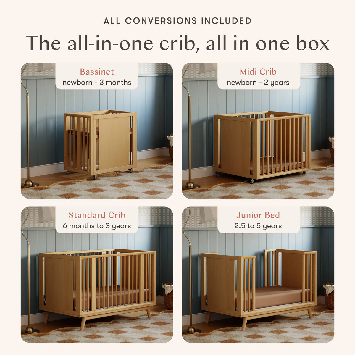 Babyletto Palma 8-in-1 Convertible All-Stages® Crib with Bassinet & Toddler Bed Kits - Honey