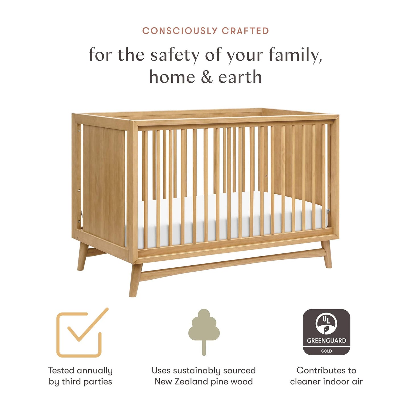 Babyletto Peggy Mid-Century 3-in-1 Convertible Crib w/Toddler Bed Conversion Kit - Honey - M15401HY