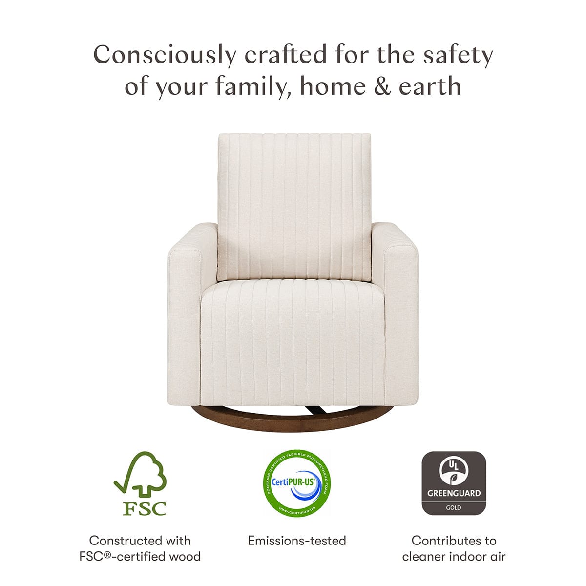Babyletto Poe Channeled Swivel Glider - Performance Cream Eco-Weave w/ Dark Wood Base - M26687PCMEWDB