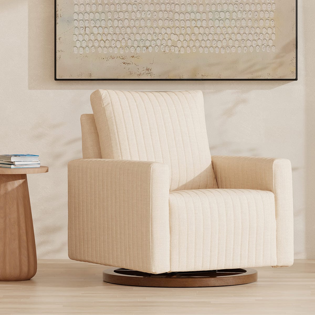Babyletto Poe Channeled Swivel Glider - Performance Cream Eco-Weave w/ Dark Wood Base - M26687PCMEWDB