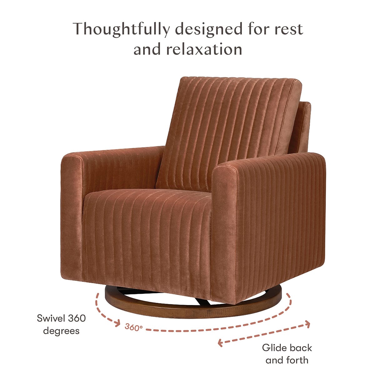 Babyletto Poe Channeled Swivel Glider - Rust Velvet w/ Dark Wood Base - M26687RTVDB