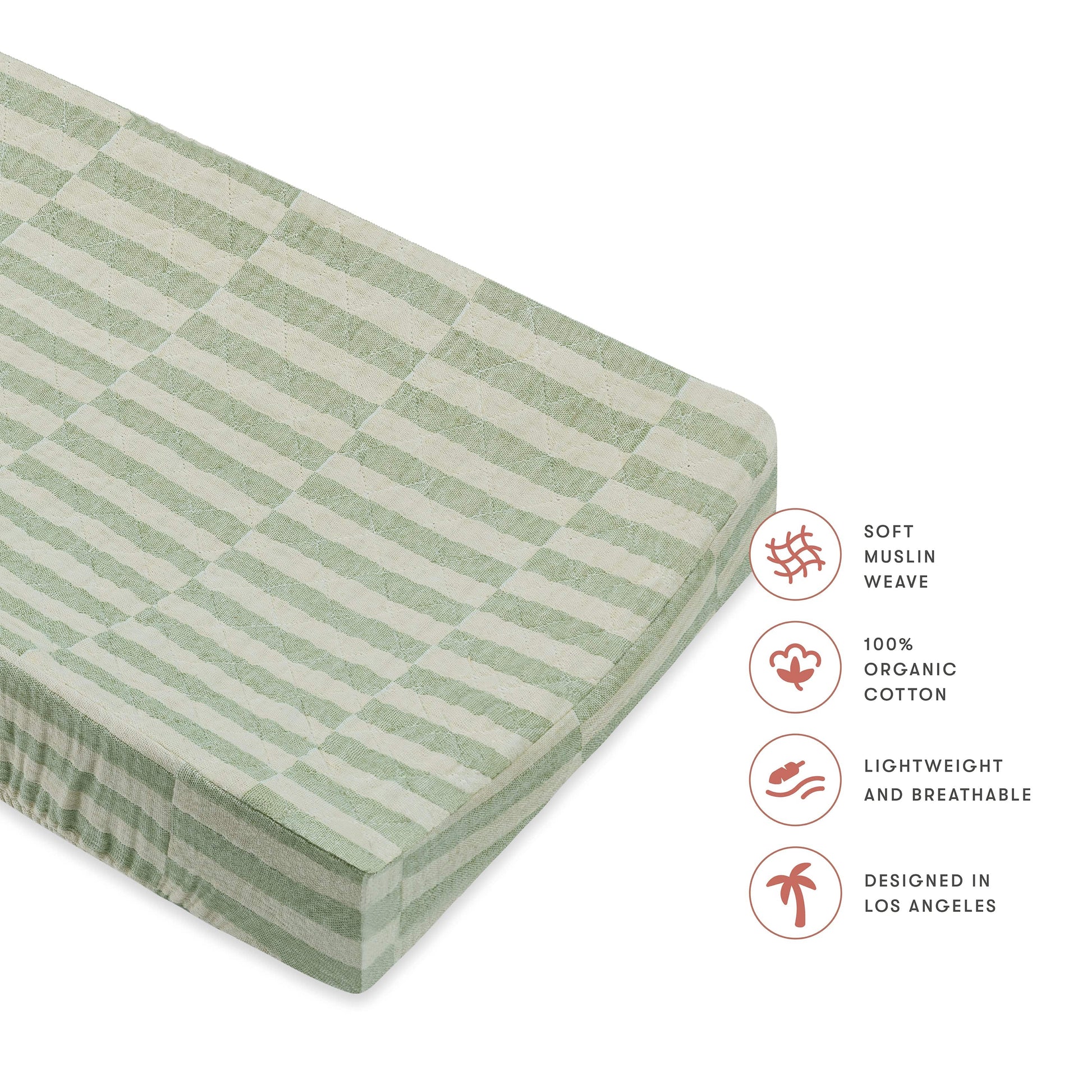 Babyletto Quilted Changing Pad Cover in GOTS Certified Organic Muslin Cotton - Moss Stripe - T30537