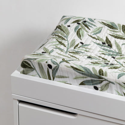 Babyletto Quilted Changing Pad Cover in GOTS Certified Organic Muslin Cotton - Olive Branches - T28237