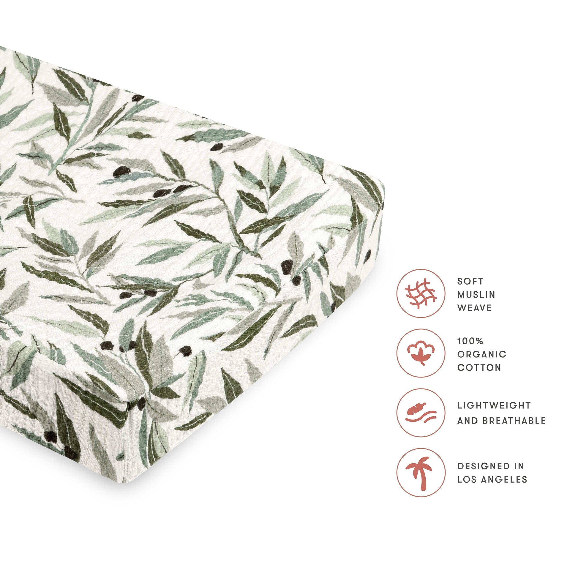Babyletto Quilted Changing Pad Cover in GOTS Certified Organic Muslin Cotton - Olive Branches - T28237