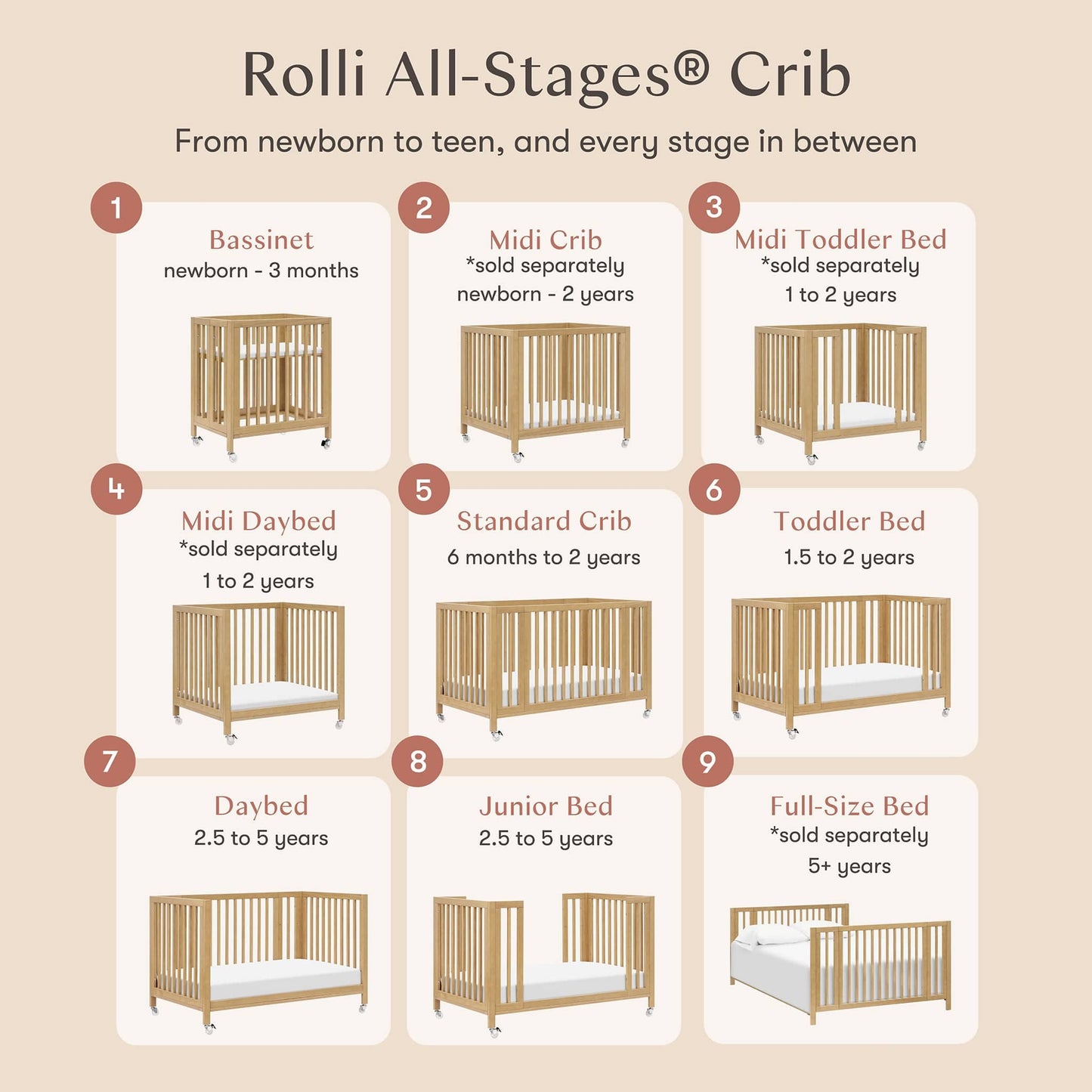 Babyletto Rolli 9-in-1 Convertible All-Stages Crib with Bassinet & Toddler Bed Conversion Kits - Honey - M30880HY