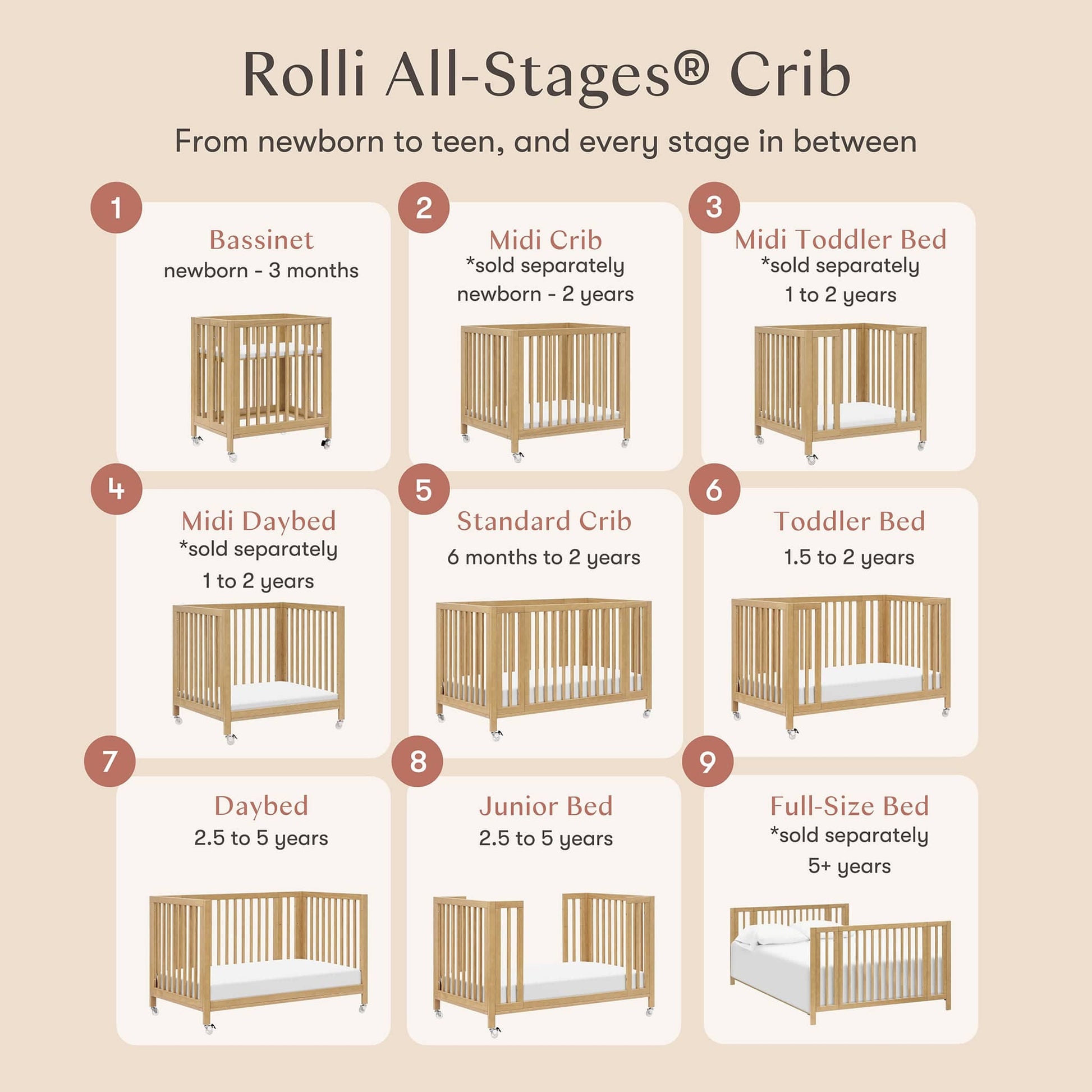 Babyletto Rolli 9-in-1 Convertible All-Stages Crib with Bassinet & Toddler Bed Conversion Kits - Honey - M30880HY