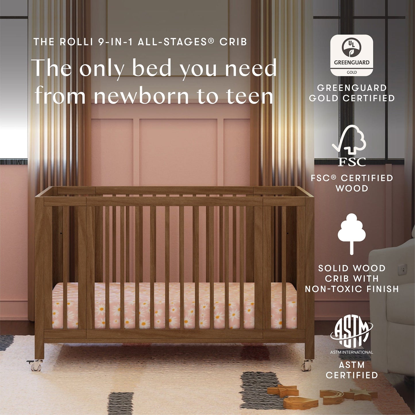 Babyletto Rolli 9-in-1 Convertible All-Stages Crib with Bassinet & Toddler Bed Conversion Kits - Natural Walnut - M30880NL