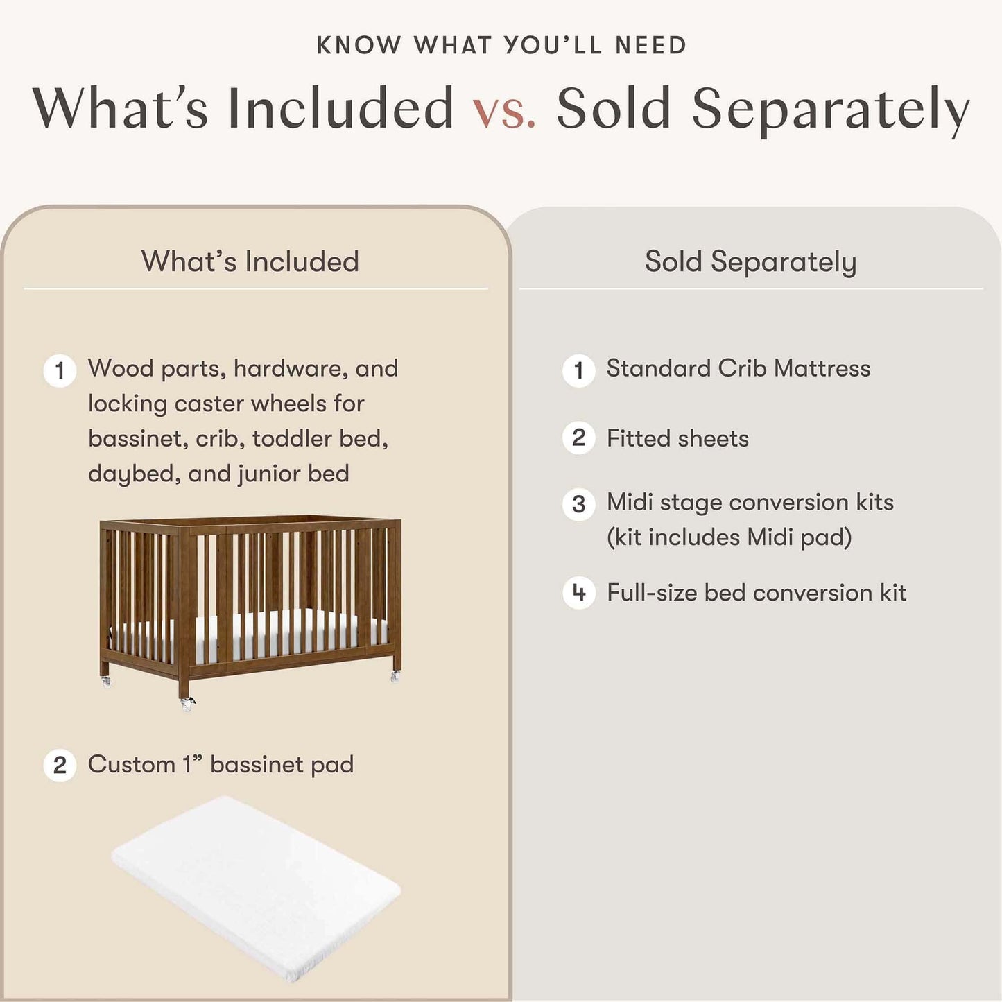 Babyletto Rolli 9-in-1 Convertible All-Stages Crib with Bassinet & Toddler Bed Conversion Kits - Natural Walnut - M30880NL
