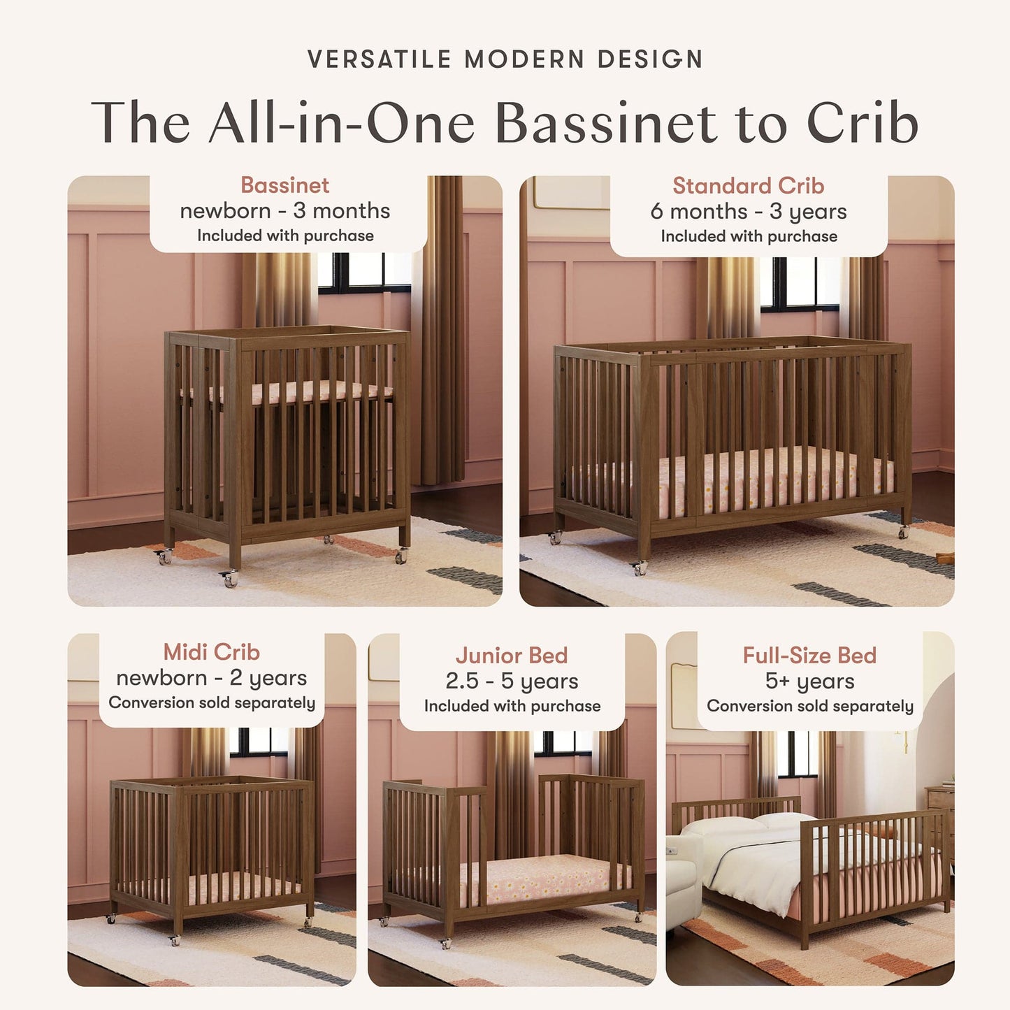 Babyletto Rolli 9-in-1 Convertible All-Stages Crib with Bassinet & Toddler Bed Conversion Kits - Natural Walnut - M30880NL