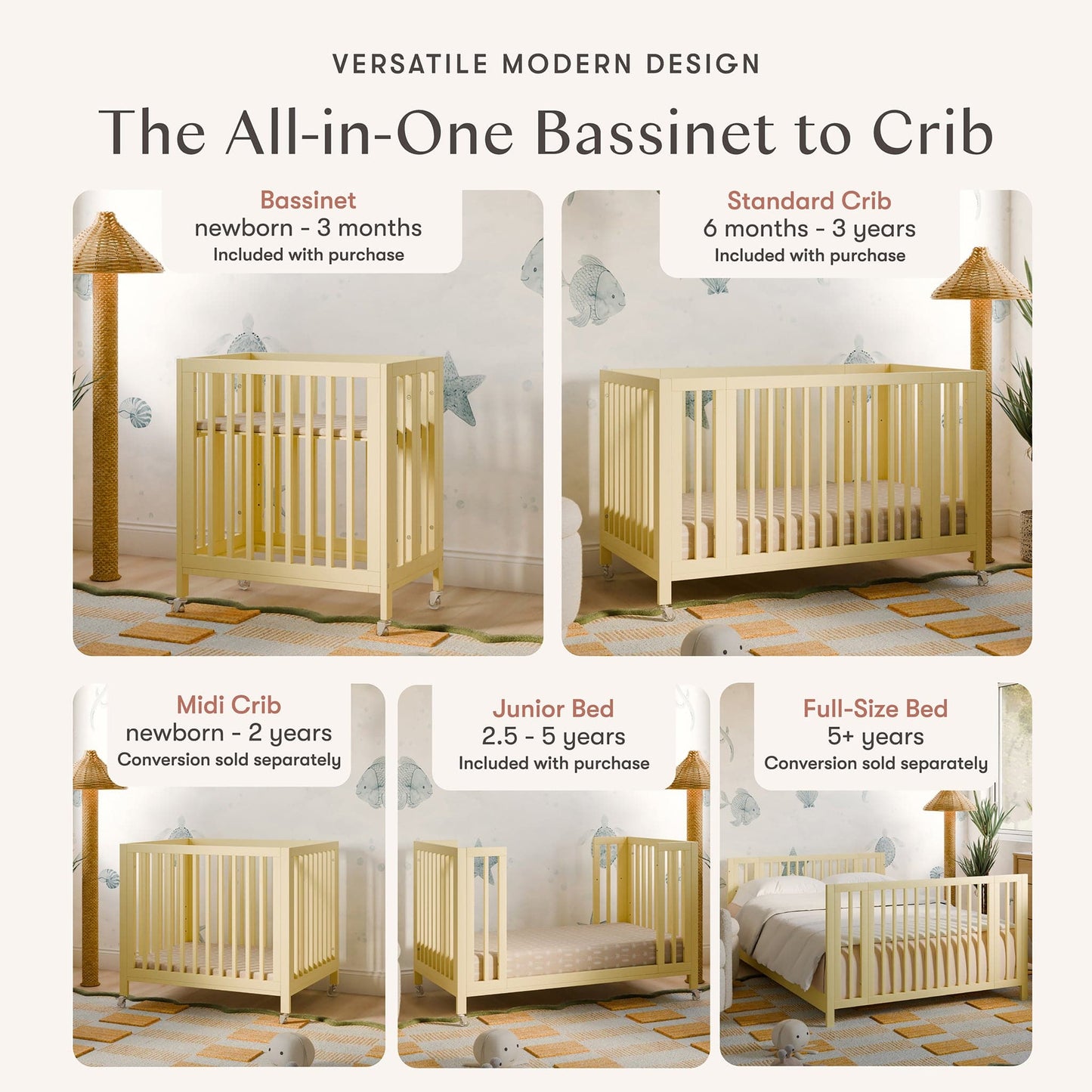 Babyletto Rolli 9-in-1 Convertible All-Stages Crib with Bassinet & Toddler Bed Conversion Kits - Pale Yellow - M30880PY