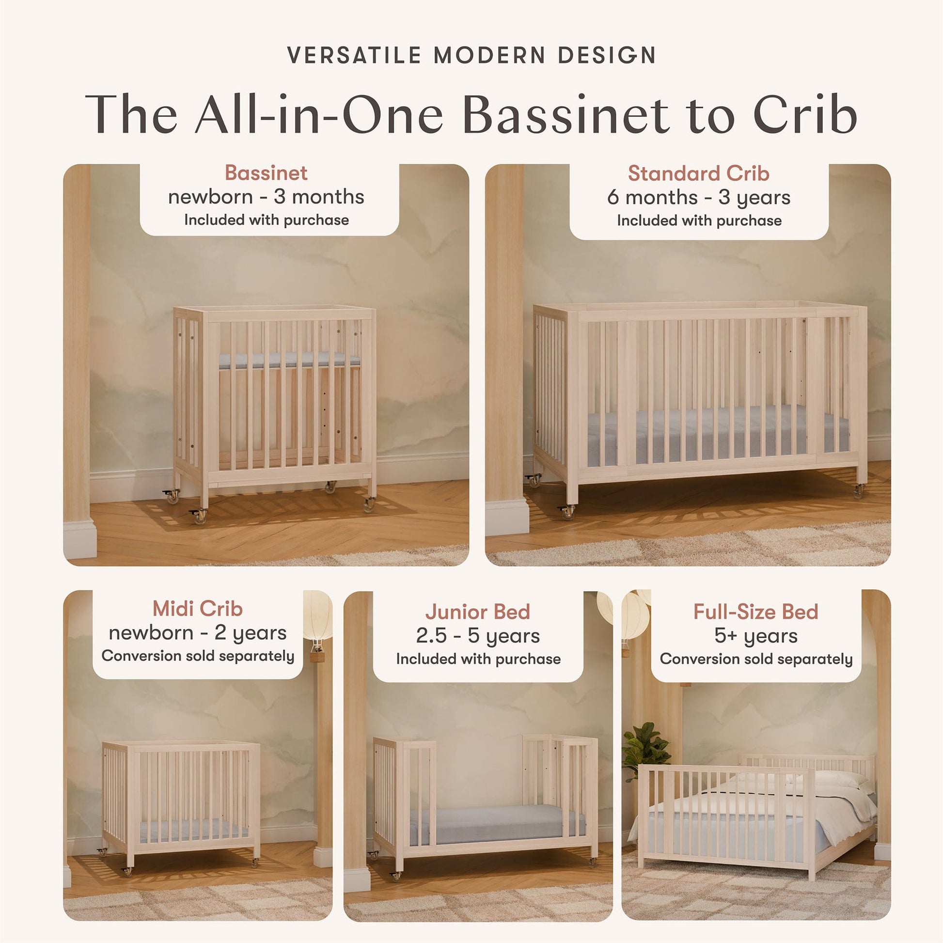 Babyletto Rolli 9-in-1 Convertible All-Stages Crib with Bassinet & Toddler Bed Conversion Kits - Washed Natural - M30880NX