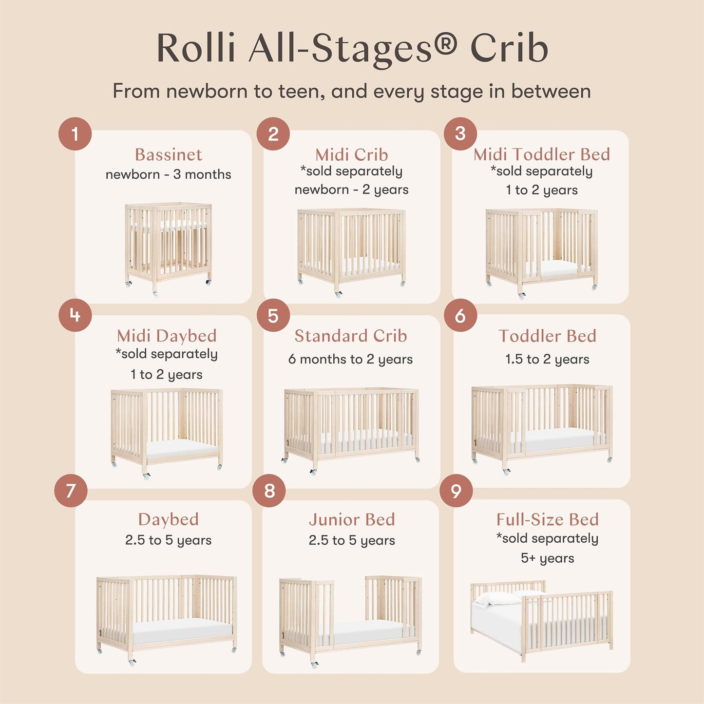 Babyletto Rolli 9-in-1 Convertible All-Stages Crib with Bassinet & Toddler Bed Conversion Kits - Washed Natural - M30880NX
