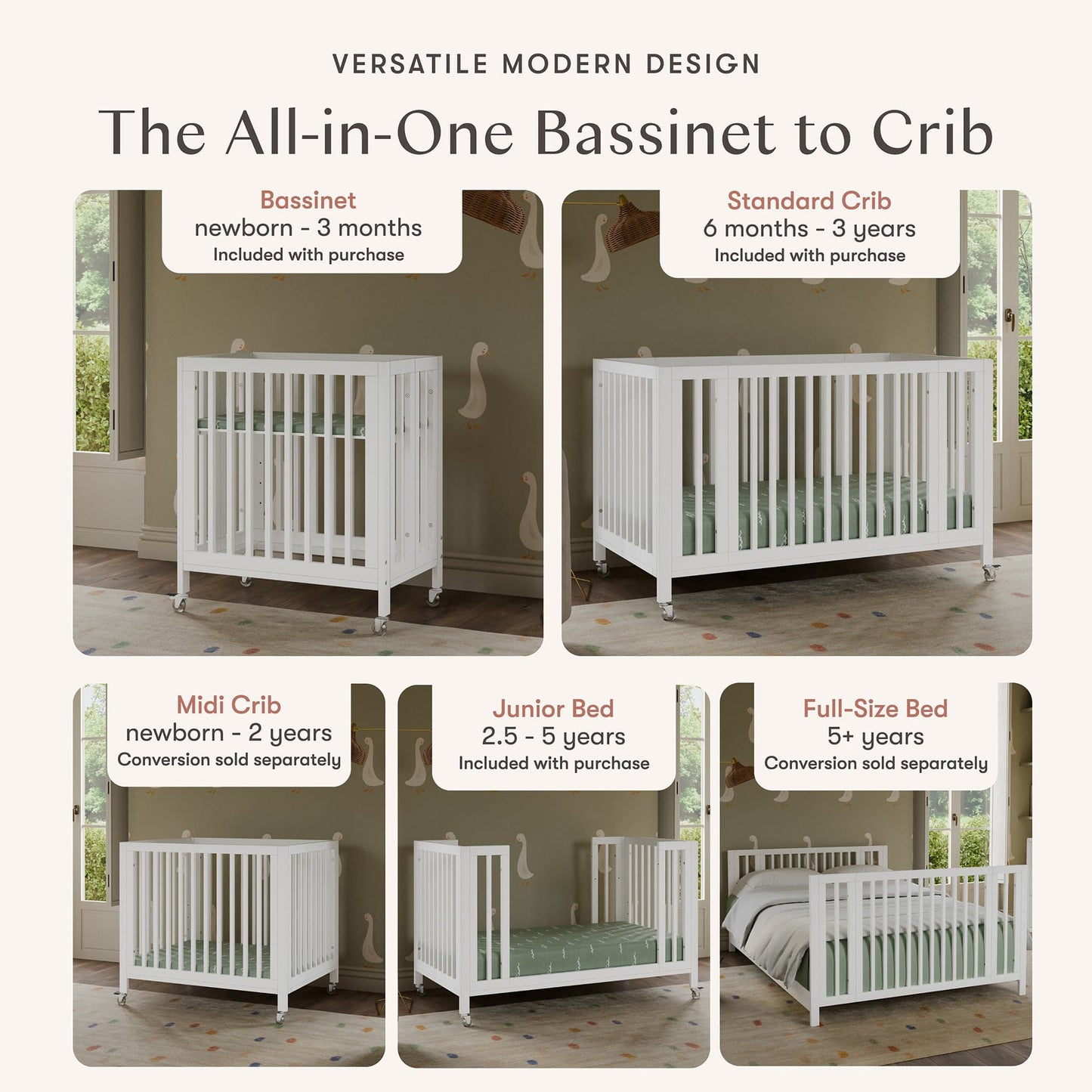 Babyletto Rolli 9-in-1 Convertible All-Stages Crib with Bassinet & Toddler Bed Conversion Kits - White - M30880W