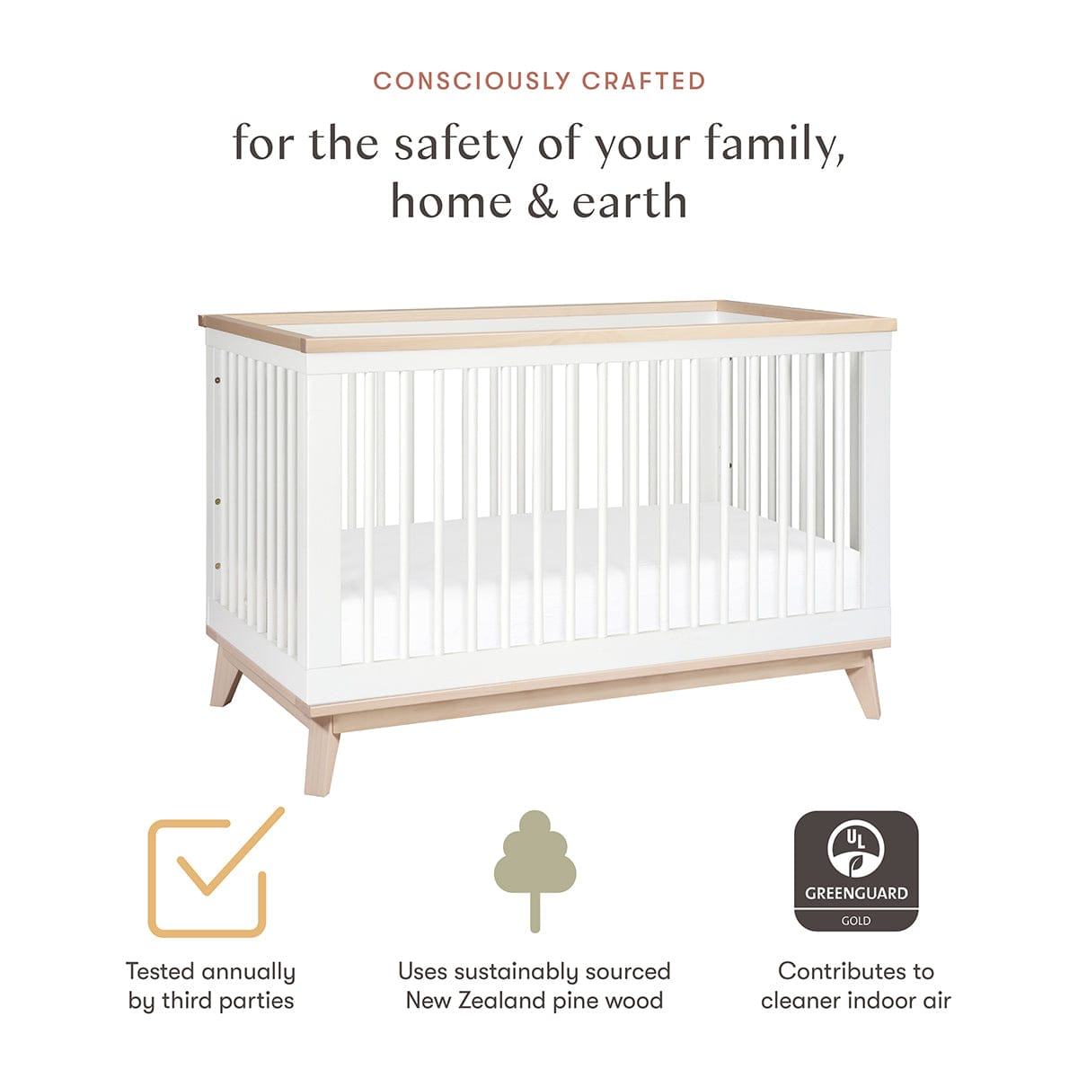 Babyletto Scoot 3-in-1 Convertible Crib w/Toddler Bed Conversion Kit - White / Washed Natural - M5801WNX