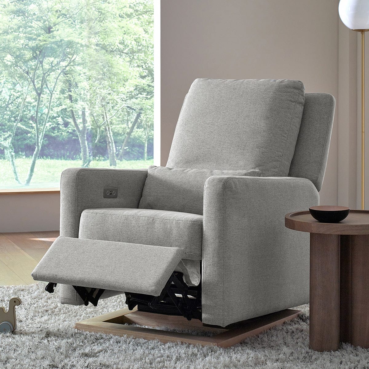 Babyletto Sigi Electronic Glider Recliner w/USB - Performance Grey Eco-Weave w/Light Wood Base - M23085PGEWLB