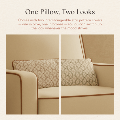 Babyletto pillow with interchangeable olive and bronze star pattern covers on a chair