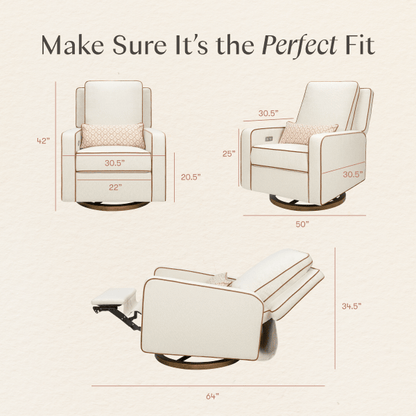 Babyletto recliner dimensions diagram showing front side and reclined views with measurements