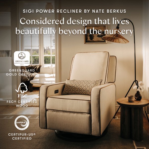 Babyletto Sigi power recliner by Nate Berkus with Greenguard Gold, FSC, and CertiPUR-US certification logos