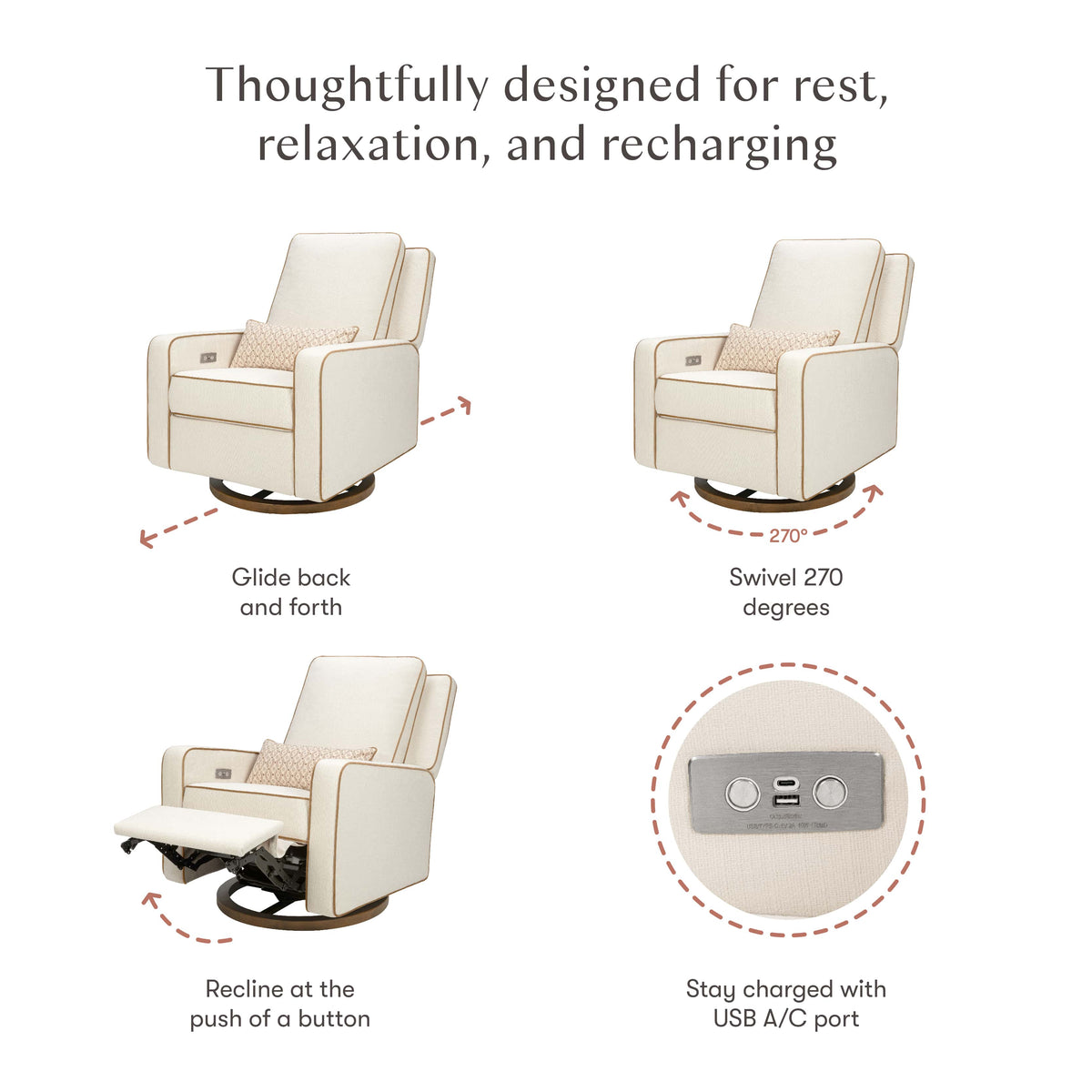 Babyletto recliner showing gliding, 270 degree swivel, power reclining, and built in USB A and C charging ports