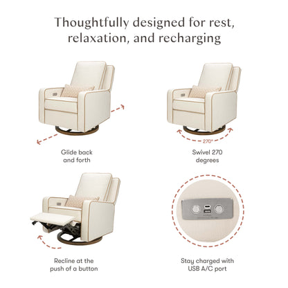 Babyletto recliner showing gliding, 270 degree swivel, power reclining, and built in USB A and C charging ports