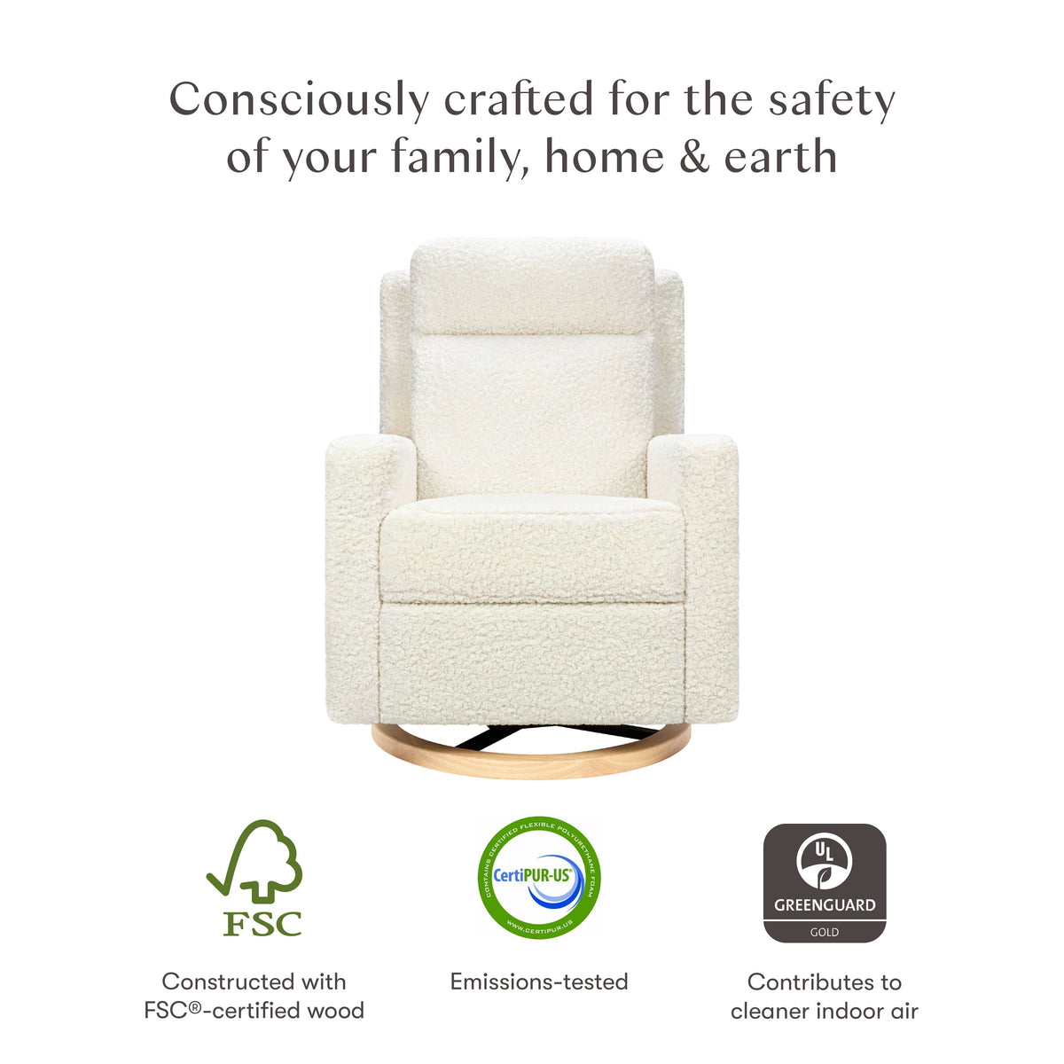 Babyletto Sigi Pro Power Recliner and Swivel Glider with Power Adjustable Headrest and Lumbar Support - Cream Shearling with Light Wood Base