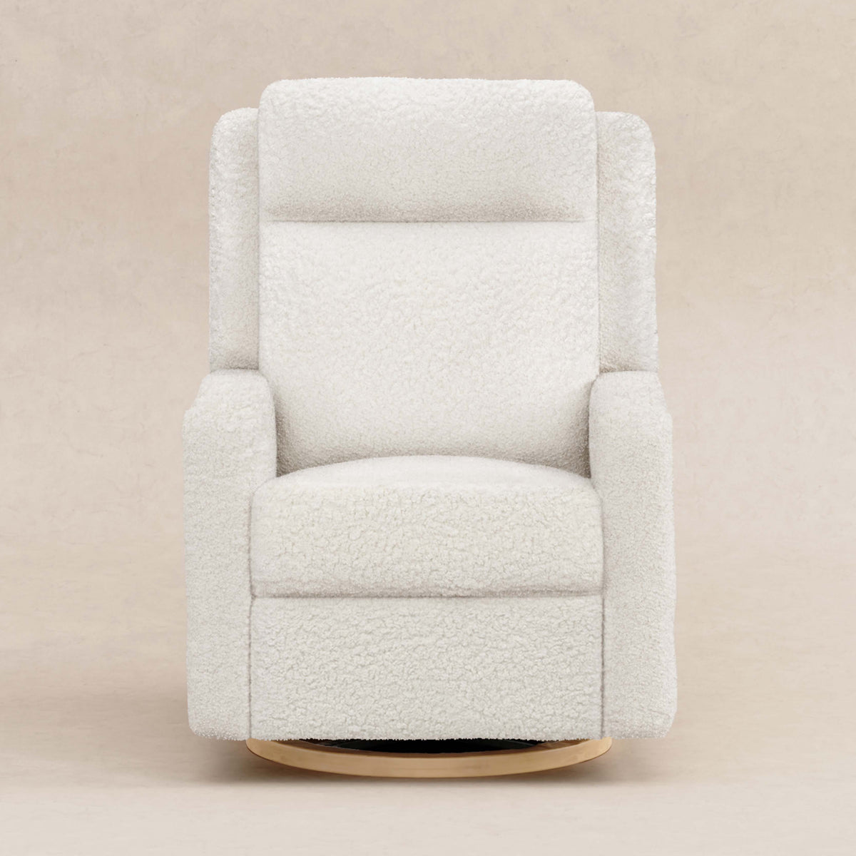 Babyletto Sigi Pro Power Recliner and Swivel Glider with Power Adjustable Headrest and Lumbar Support - Cream Shearling with Light Wood Base