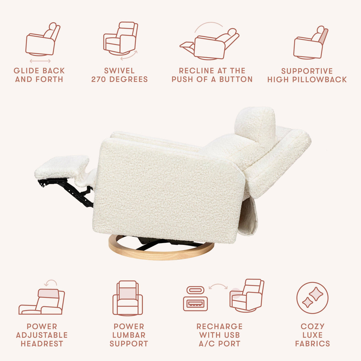 Babyletto Sigi Pro Power Recliner and Swivel Glider with Power Adjustable Headrest and Lumbar Support - Cream Shearling with Light Wood Base
