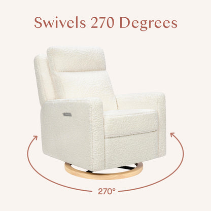 Babyletto Sigi Pro Power Recliner and Swivel Glider with Power Adjustable Headrest and Lumbar Support - Cream Shearling with Light Wood Base