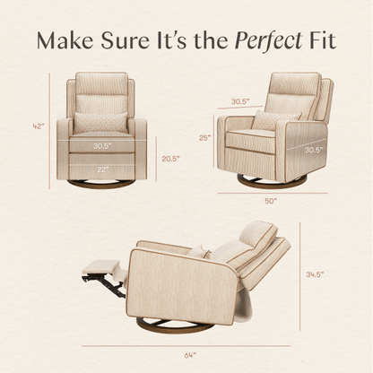 Babyletto swivel glider dimensions diagram showing front side and reclined views with measurements