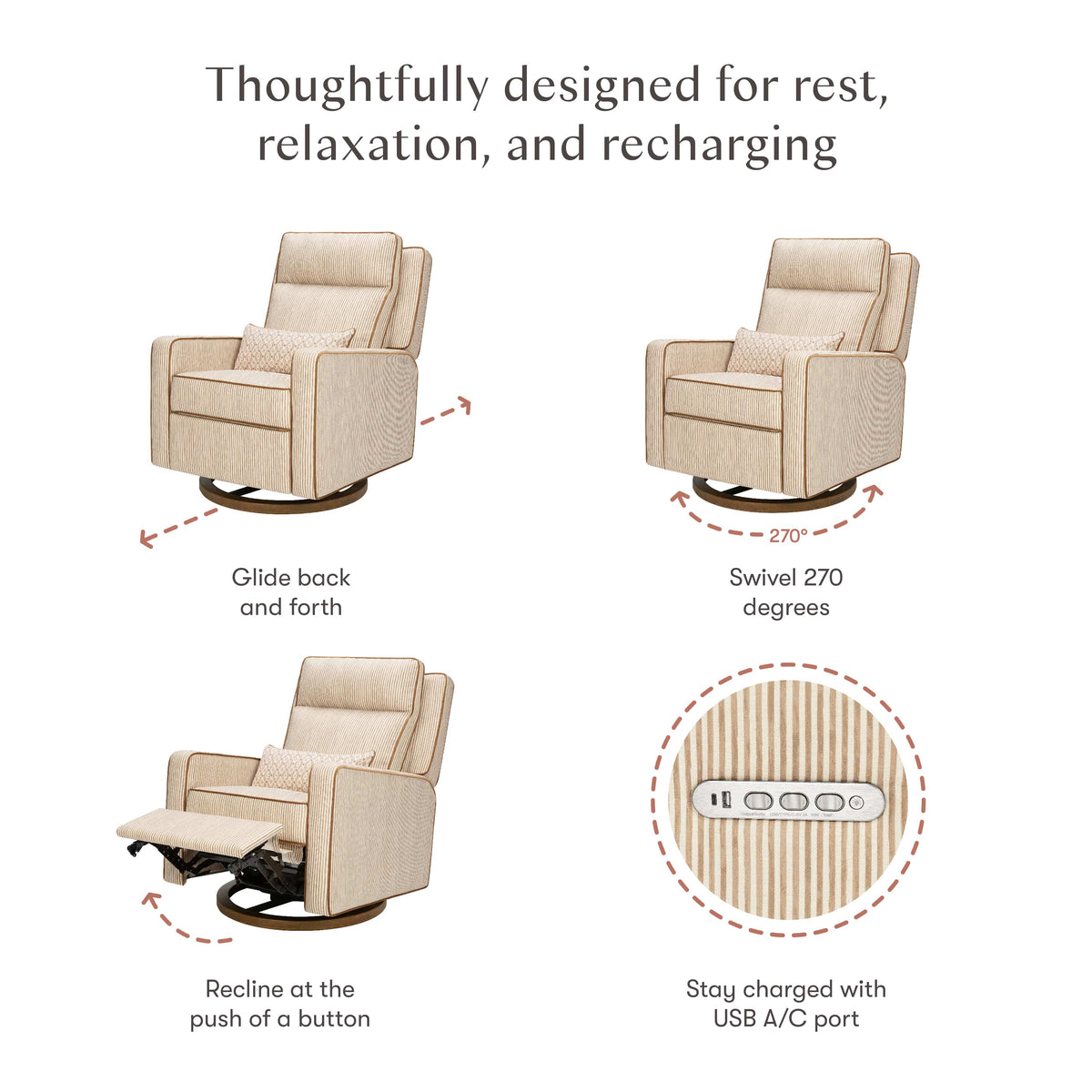 Babyletto recliner showing gliding, 270 degree swivel, power recline, and USB charging port features