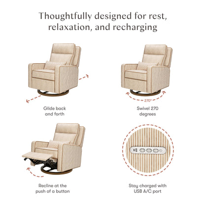 Babyletto recliner showing gliding, 270 degree swivel, power recline, and USB charging port features