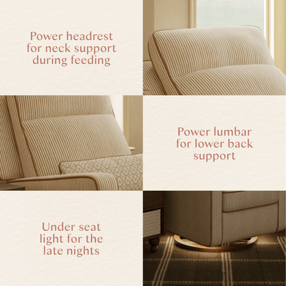 Babyletto recliner features showing power headrest power lumbar and under seat light