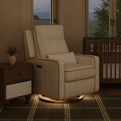 Babyletto striped swivel glider recliner with lumbar pillow in nursery setting