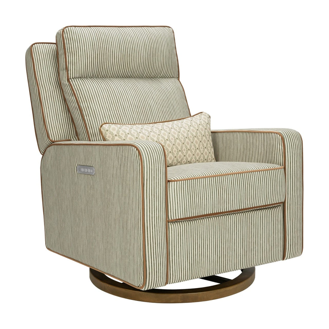Babyletto striped swivel glider recliner with lumbar pillow