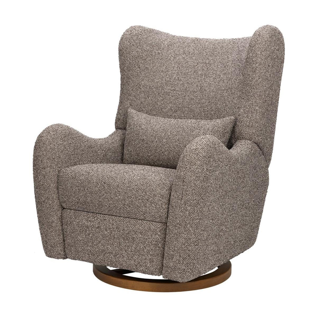 Babyletto textured brown swivel glider chair with lumbar pillow on a circular wooden base