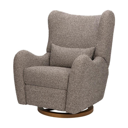 Babyletto textured brown swivel glider chair with lumbar pillow on a circular wooden base