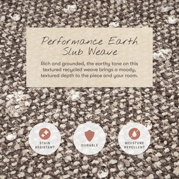 Babyletto performance earth slub weave fabric with water droplets and icons for stain resistant durable and moisture repellent