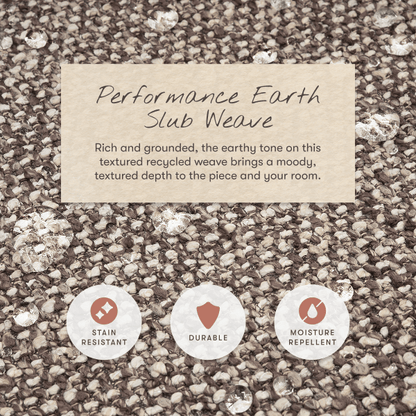 Babyletto performance earth slub weave fabric with water droplets and icons for stain resistant durable and moisture repellent