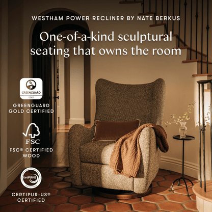 Babyletto Westham power recliner with Greenguard Gold FSC and CertiPUR-US certification logos