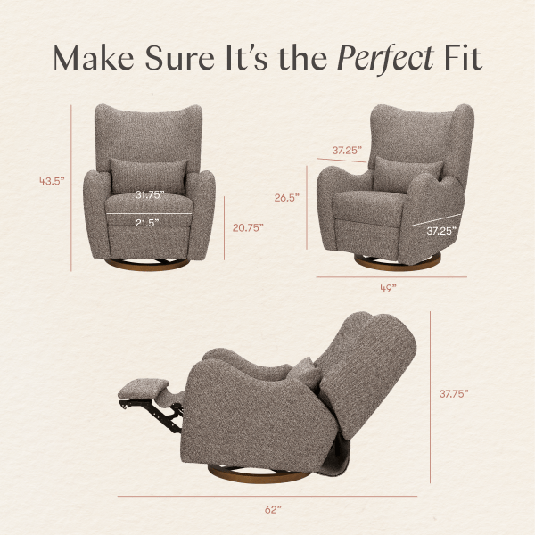 Babyletto swivel glider dimensions diagram showing front side and reclined views with measurements