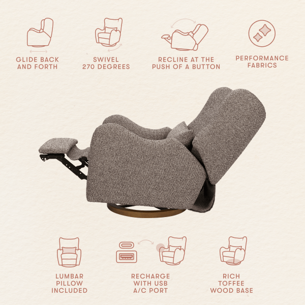 Babyletto recliner showing glide swivel recline performance fabric lumbar pillow USB port and wood base features