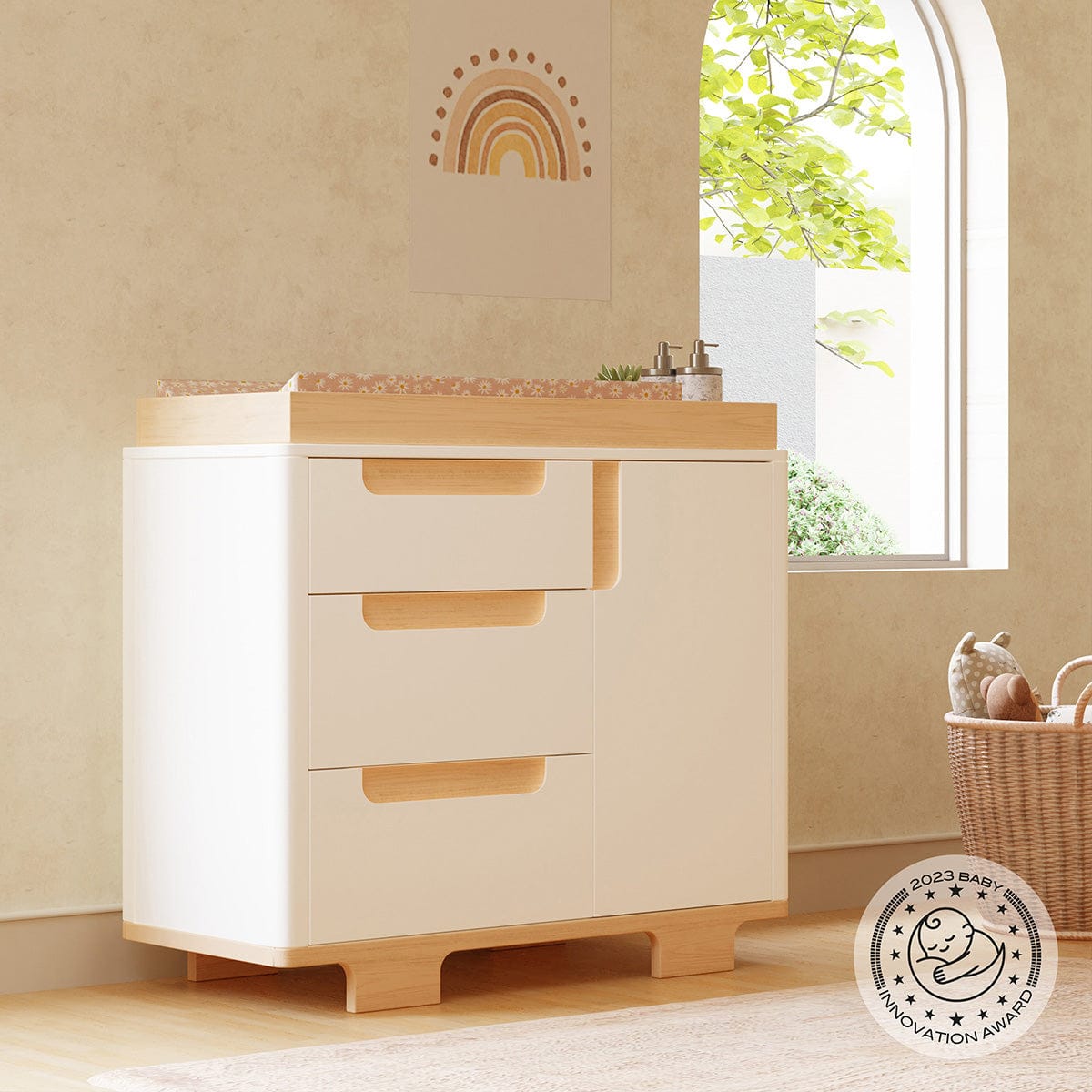 Babyletto Yuzu 3-Drawer Changer Dresser, KD w/Removable Changing Tray - White / Natural - M23423WN