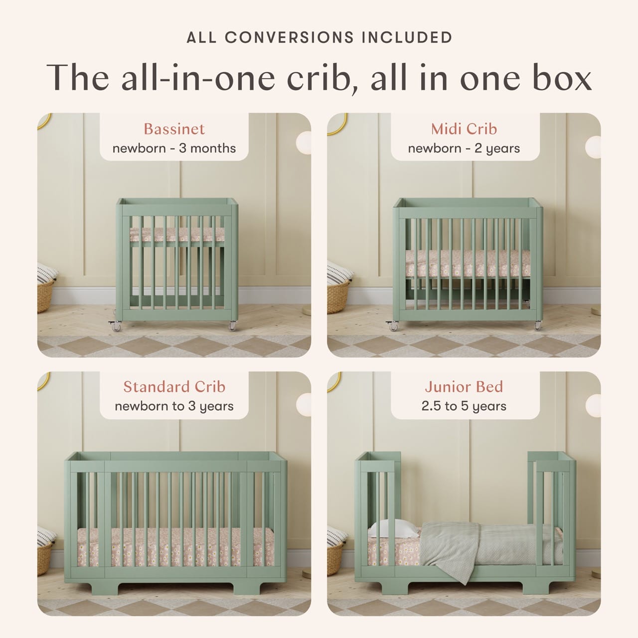 Babyletto Yuzu 8-in-1 Convertible Crib with All-Stages Conversion Kit - Light Sage - M23401LS