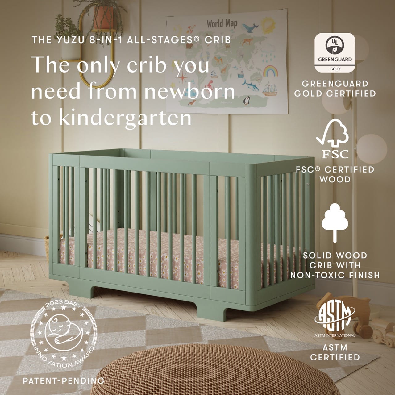 Babyletto Yuzu 8-in-1 Convertible Crib with All-Stages Conversion Kit - Light Sage - M23401LS