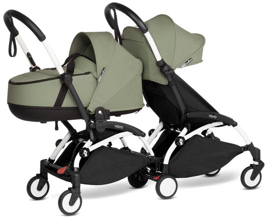 Babyzen YOYO Connect Double Stroller Bassinet / 6+ Bundle - White / Olive - BASDBL-604901-604611